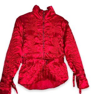 Women's Red silk embroidered bomber jacket with adjustable silk buckles